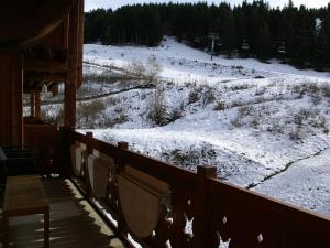 uma vista para um campo coberto de neve a partir de um alpendre em Appartement Les Adrets-Prapoutel, 4 pièces, 8 personnes - FR-1-557-15 em Les Adrets