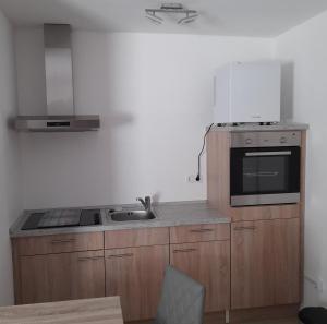 eine Küche mit einer Spüle und einer Mikrowelle in der Unterkunft Eltinger Studio Apartment in Leonberg