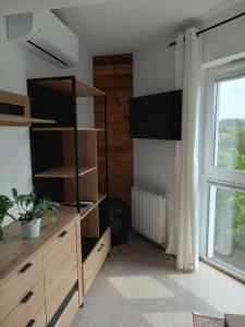 a room with a wooden cabinet and a window at Apartament Sądecki in Nowy Sącz