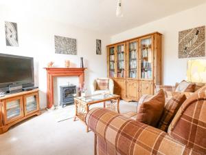 a living room with couches and a tv and a fireplace at New Cottage in Bakewell