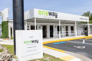 a one way sign in front of a building at Oneway Brunswick in Brunswick