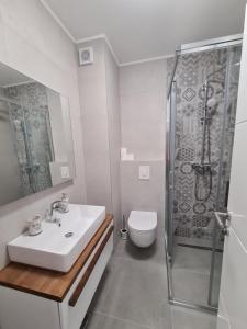 La salle de bains est pourvue d'une douche, d'un lavabo et de toilettes. dans l'établissement Apartmani Behđetović, à Tuzla