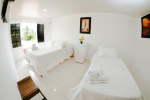 a white room with two beds and a window at Hotel Campestre Dorado SAI in San Andrés