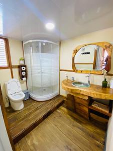 bagno con lavandino, servizi igienici e specchio di Rustic House Punta Rucia a Punta Rucia