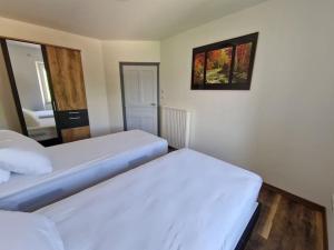 una camera da letto con due letti e uno specchio di chez Robert a Bromont-Lamothe