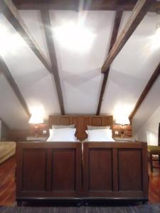 a bedroom with two beds and two lights on the ceiling at Casa Huber in Cîrţa