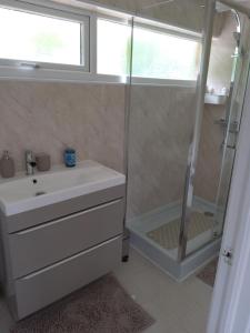 La salle de bains est pourvue d'un lavabo blanc et d'une douche. dans l'établissement Hill's View, à Barnstaple