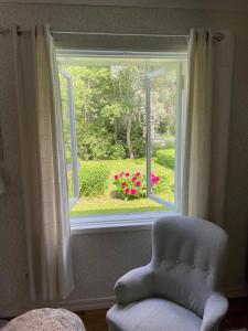 una finestra con una sedia e una finestra con fiori rosa di Aabu Maja a Kõrgessaare