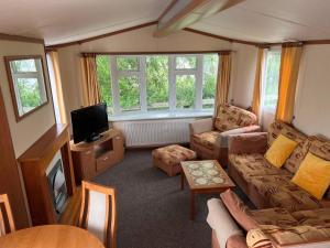 sala de estar con sofá y TV en Heacham Golden Sunset Caravan Pets go Free, en Hunstanton