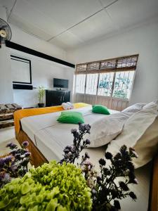 a bedroom with two beds with green pillows at LOUIS LAKE VILLA in Kandy