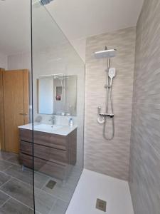 uma casa de banho com um lavatório e uma cabina de duche em vidro. em Casa Rural Villa Cárcavas em Maello