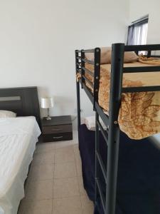 a dorm room with two bunk beds and a lamp at 4 Bedroom House at Saint julians in St. Julianʼs