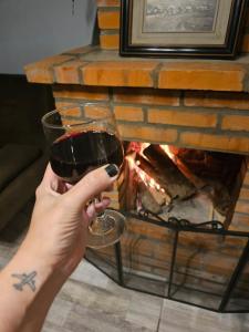 a person holding a glass of wine in front of a fireplace at Casa Goethe - Bio Cult in Campo Alegre