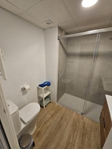 a bathroom with a shower and a toilet at Ático Molière Beach in Málaga