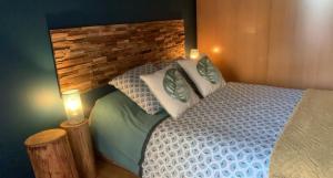 um quarto com uma cama com duas almofadas em Chambre et Table d'hôtes Magaadjukalo em Saint-Maurice-de-Lignon