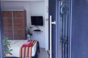 a bedroom with a bed and a tv and a door at Country House in Beer Sheva