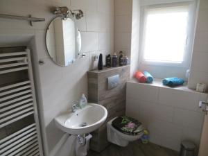 ein Badezimmer mit einem Waschbecken, einem WC und einem Spiegel in der Unterkunft Ferienwohnung Beck Schneeberg in Schneeberg