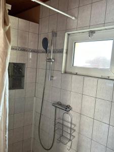 La salle de bains est pourvue d'une douche avec un pommeau de douche. dans l'établissement 2 à 4 pers appartement dans Maisonnette piscine chambre double salle de bain privatif, à Saint-Amarin