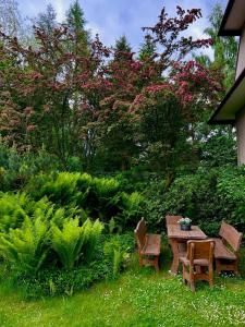 ogród z drewnianym stołem i krzesłami w obiekcie Noclegi Sarenka w Murzasichlu