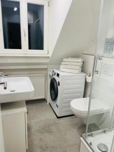 a white bathroom with a washing machine in a washer at HD-Appartment mit Neckar- und Schlossblick in Heidelberg