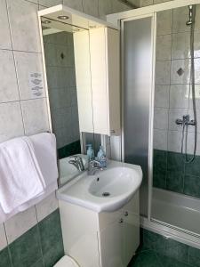 La salle de bains est pourvue d'un lavabo, d'une douche et d'un miroir. dans l'établissement Haus Lupić, à Rab