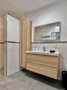 bagno con lavandino e specchio di Apartment Brochenzell - nahe Ravensburger Spieleland a Meckenbeuren