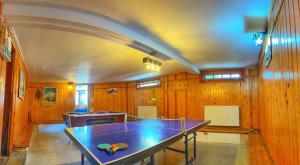 mesa de ping pong en una habitación con paredes de madera en Amandra Chalet en Sinaia