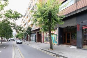 a small tree on a city street next to a building at Apartamento LUXURY centro Bilbao GARAJE in Bilbao