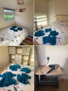 four pictures of a bedroom with a bed and a desk at Caban Croeso-The Welcome Cabin, Holiday let, near Mansion House Llansteffan in Llanstephan +23 photos