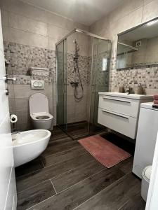 a bathroom with a shower and a toilet and a sink at Apartman Mila in Biograd na Moru