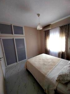 Un dormitorio con una cama grande y una ventana en OLGAS house no1 in Polygyros Chalkidiki, en Polígiros