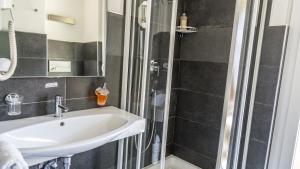 ein Bad mit einem Waschbecken und einer Dusche in der Unterkunft Hotel Europe Brig in Brig