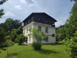 ein großes weißes Haus mit schwarzem Dach in der Unterkunft Apartment Charlie in Kamnik