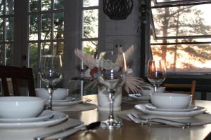 a table with plates and wine glasses on it at The Hillside B&B. Home w/ Breakfast Service! in Wisconsin Dells