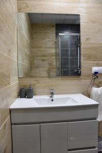 La salle de bains est pourvue d'un lavabo blanc et d'un miroir. dans l'établissement SIERRA LAGO, à Cordoue