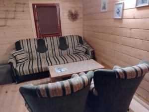 a living room with a couch and two chairs at Czerwona Woda in Karłów