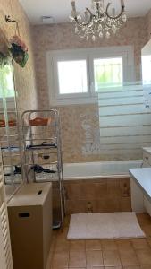 baño con lámpara de araña, estante y ventana en Chambres Quiétude, en Chavanoz