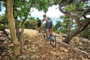 two people riding bikes on a trail through trees at Apartment in green and quite area, close to beach in Šilo