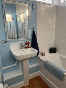 a bathroom with a sink and a bath tub at Beachfront retreat apartment with amazing terrace in Hastings +30 photos