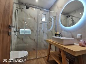 a bathroom with a shower and a sink and a mirror at Nely's Luxury Home in Nydri