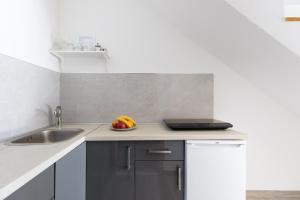 a kitchen with a sink and a bowl of fruit on a counter at Apartment Tanja Oldtown in Split