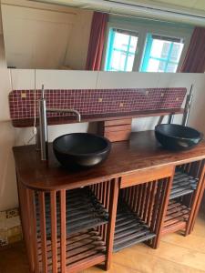 zwei Schüsseln auf einer Holztheke mit einem Waschbecken in der Unterkunft An Artist Created it in Middelburg