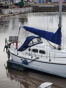 a white boat with a blue sail sitting in the water at Valkirja in Klaipėda