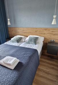 ein Schlafzimmer mit einem Bett mit zwei Kissen darauf in der Unterkunft Apartamenty Parkowe D9 in Oświęcim