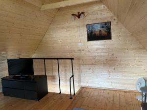 a room with a wooden wall with a tv in a attic at Domek na Żurawiej in Gdańsk