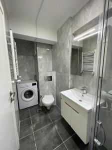 La salle de bains est pourvue d'un lavabo et d'un lave-linge. dans l'établissement Mina Suits, à Istanbul