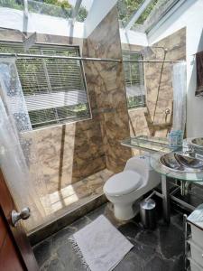 a bathroom with a toilet and a shower and a sink at La Colina in Tabio