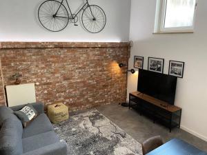 - un salon avec un canapé et un vélo sur le mur dans l'établissement Großzügiges Studio-Apartment - Top-Lage + Parken, à Nuremberg
