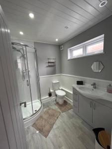 een badkamer met een douche, een toilet en een wastafel bij Fresh & Spacious House in Rhyl