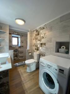a bathroom with a washing machine and a toilet at Vasileris Home in Moúdhros